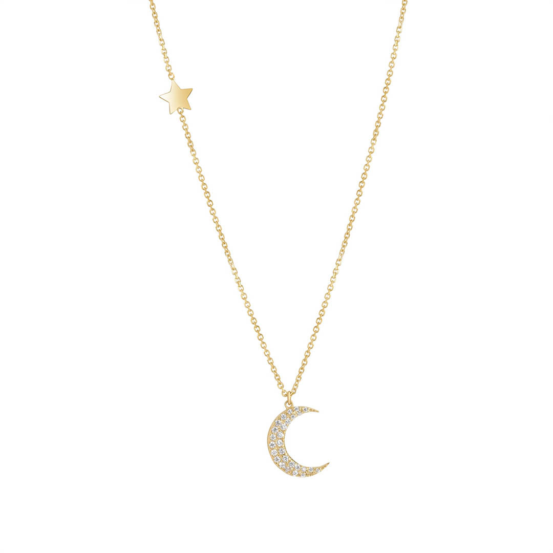 9ct gold cz moon & north star necklace on white background