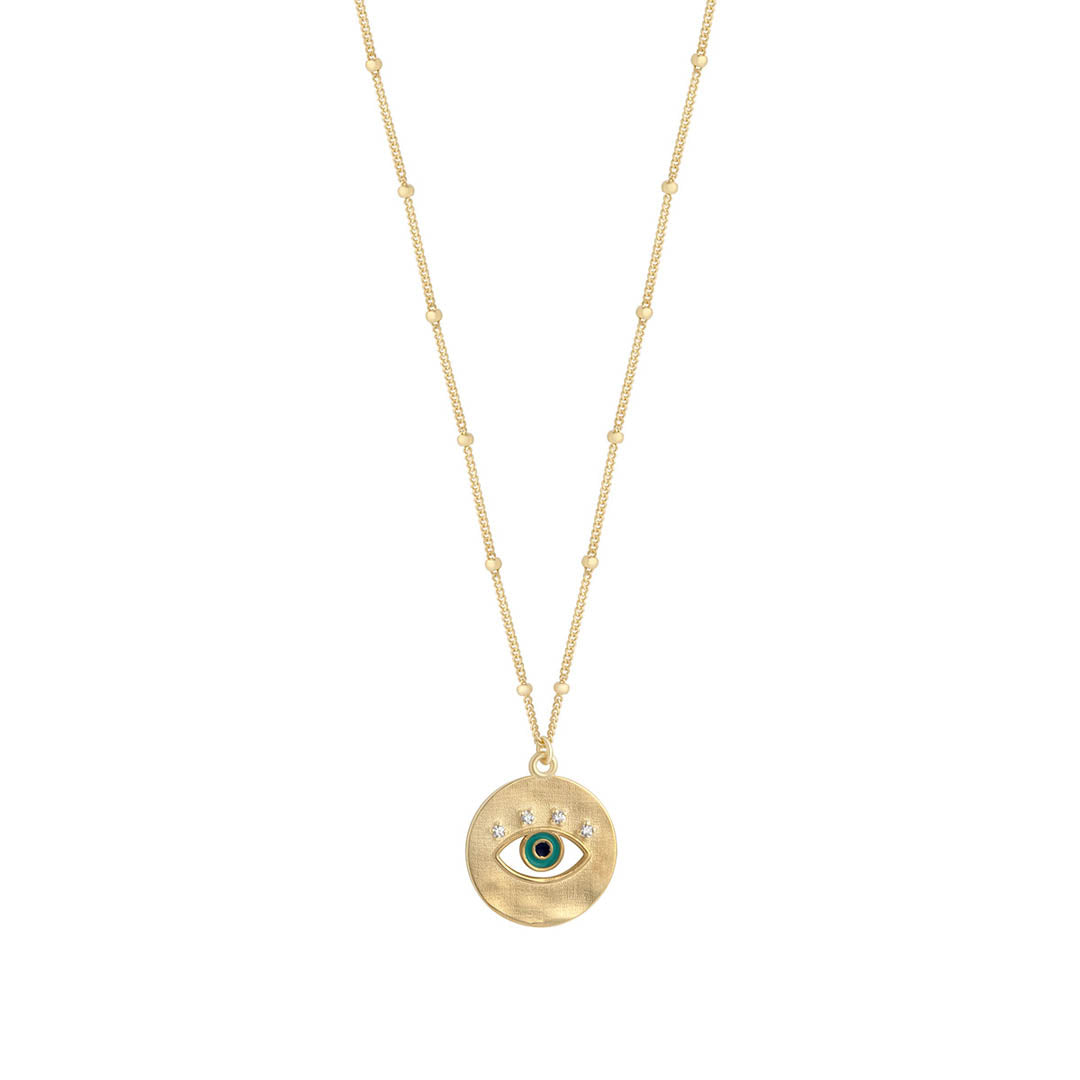 9ct gold evil eye disc necklace on white background
