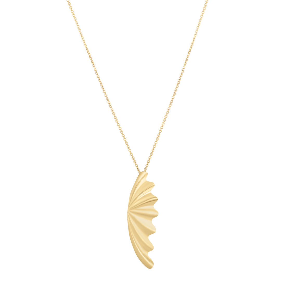9ct gold fanned leaf necklace on white background