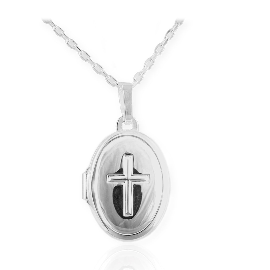 silver communion cross locket on white background