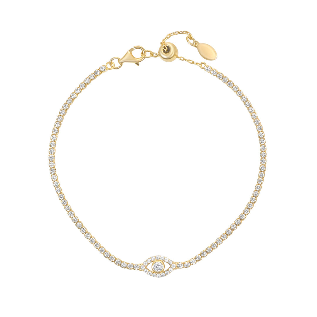 gold plated evil eye cz tennis bracelet on white background