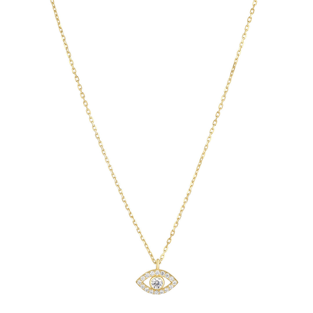 gold plated evil eye cz necklace on white background