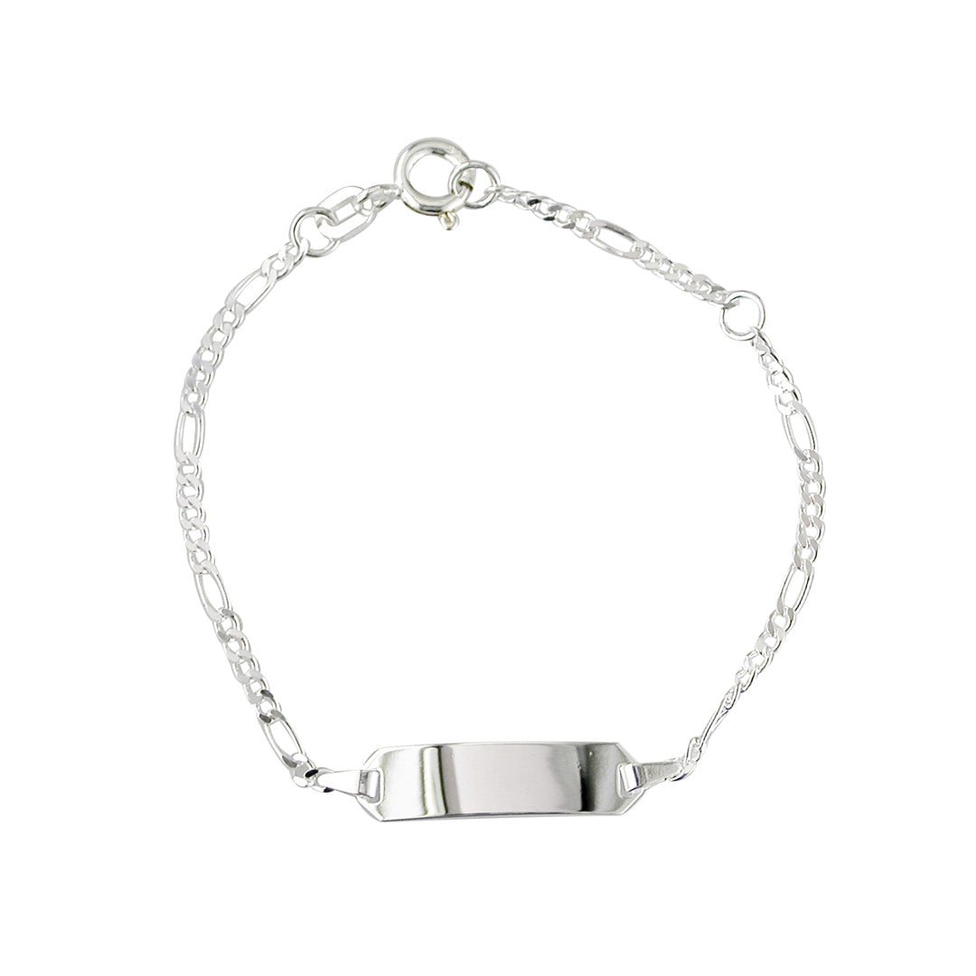 silver figaro id bracelet on white background