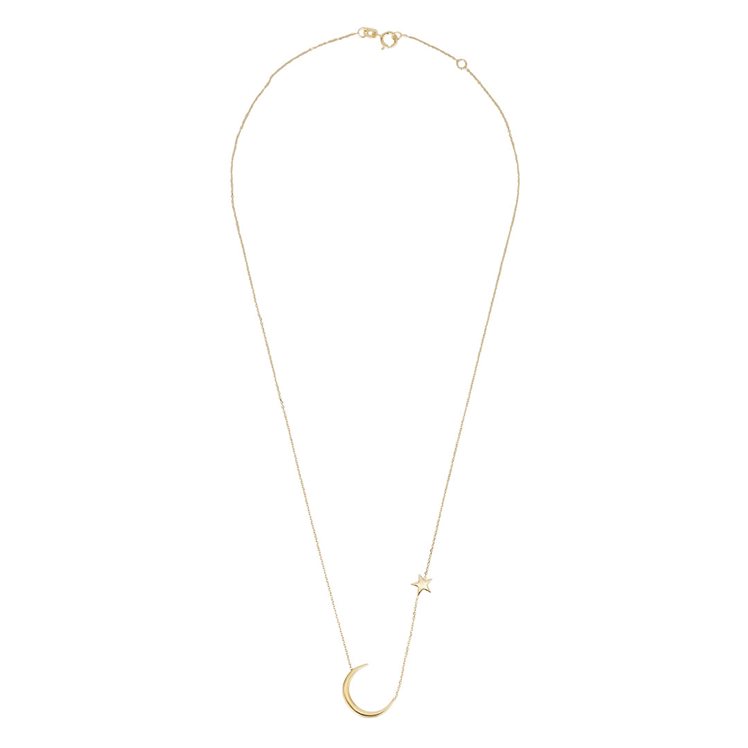 9ct gold moon & north star necklace on white background