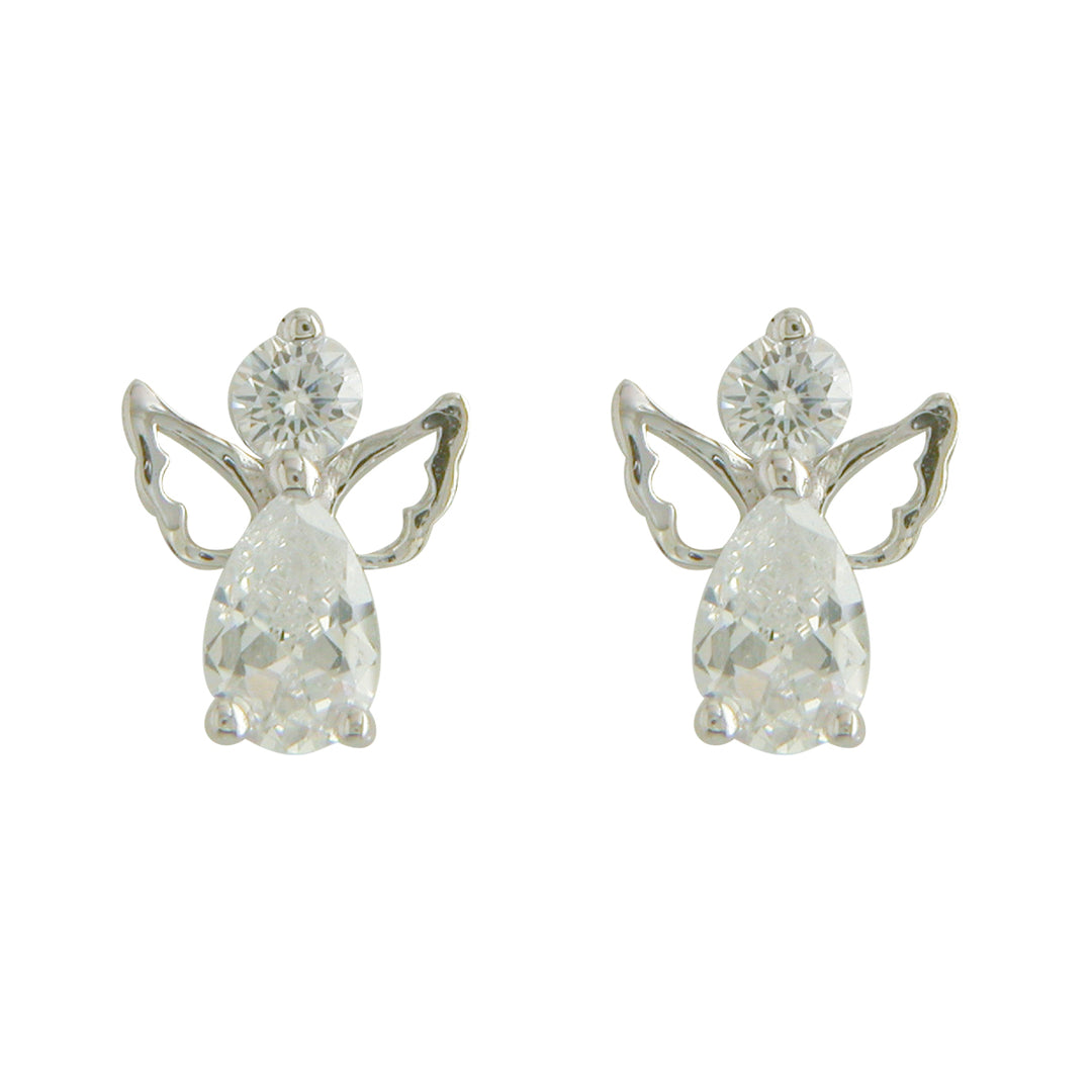 silver cz angel stud earrings on white background
