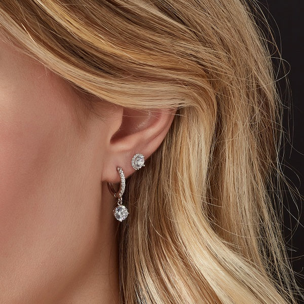 Silver Huggie Earrings with Cubic Drop