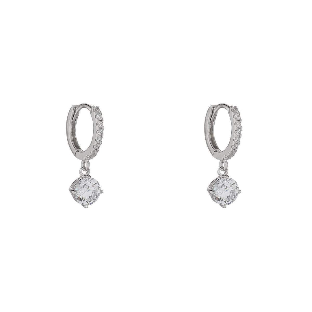 silver huggie earrings with cubic drop on white background