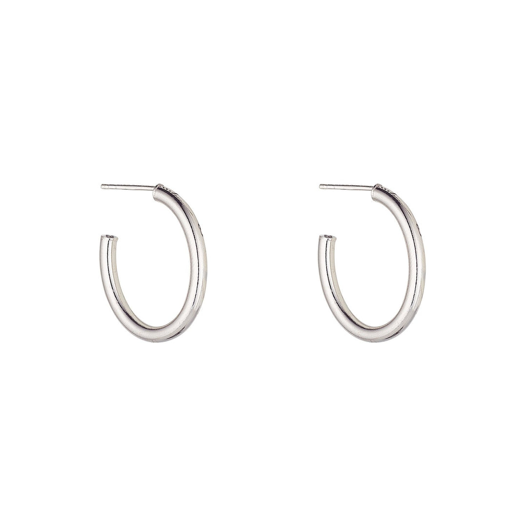 silver 25mm rounded oval hoop earrings on white background