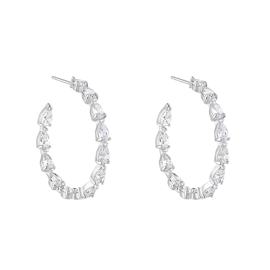 inside out pear shape cubic zirconia hoop earrings on white background