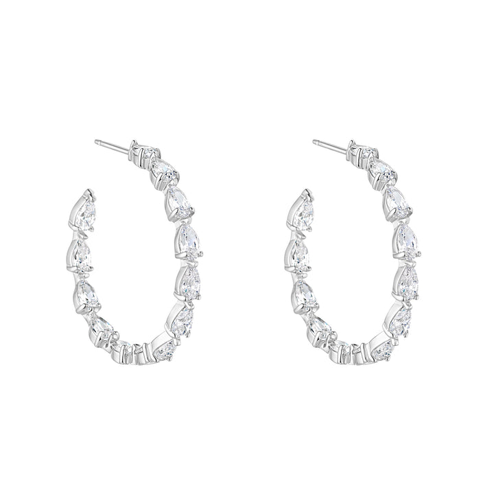 inside out pear shape cubic zirconia hoop earrings on white background