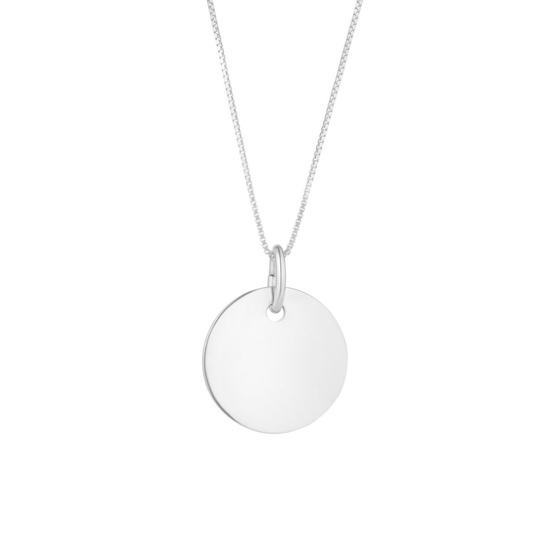 silver solid 15mm engravable disc necklace on white background