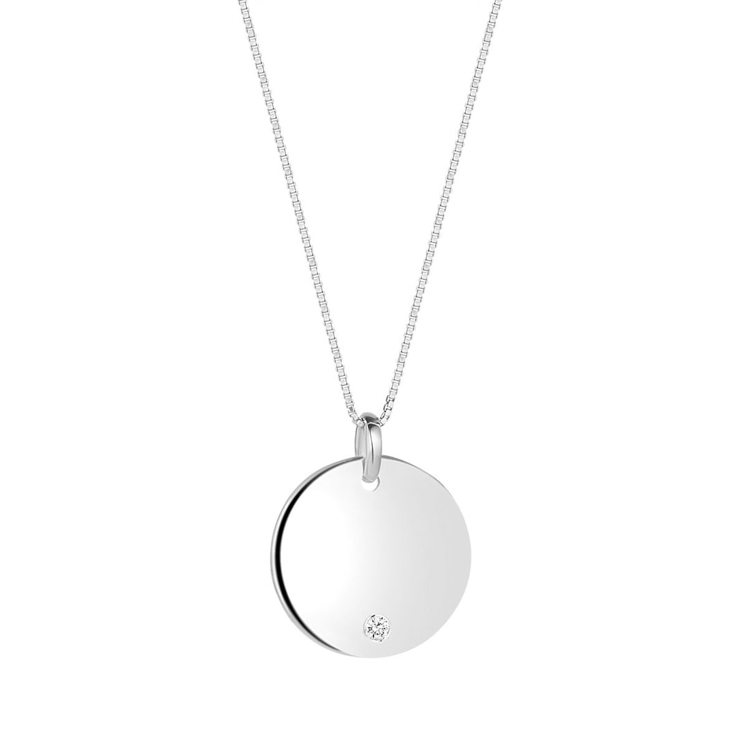silver solid 17mm cubic set engravable disc necklace on white background