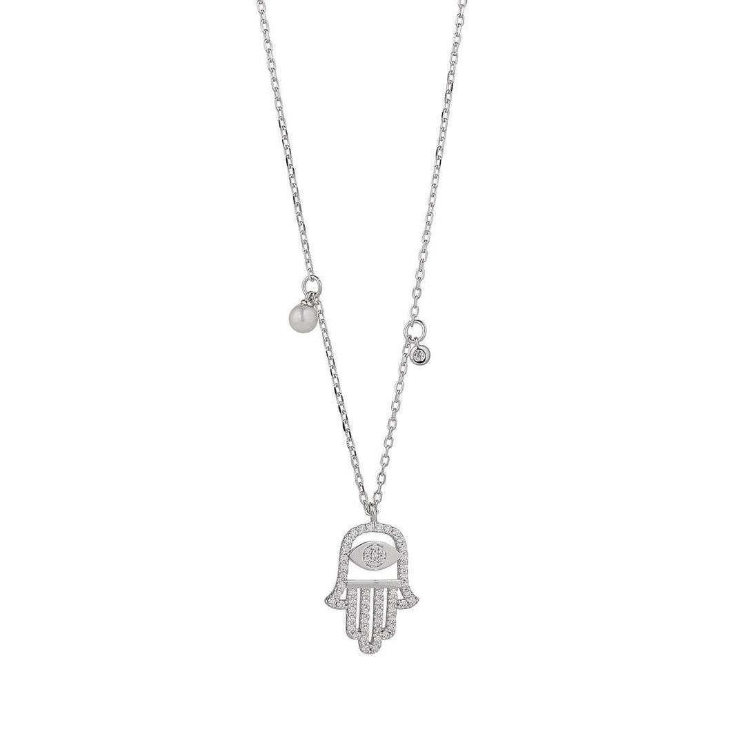 silver cubic zirconia "hand of fatima" necklace on white background