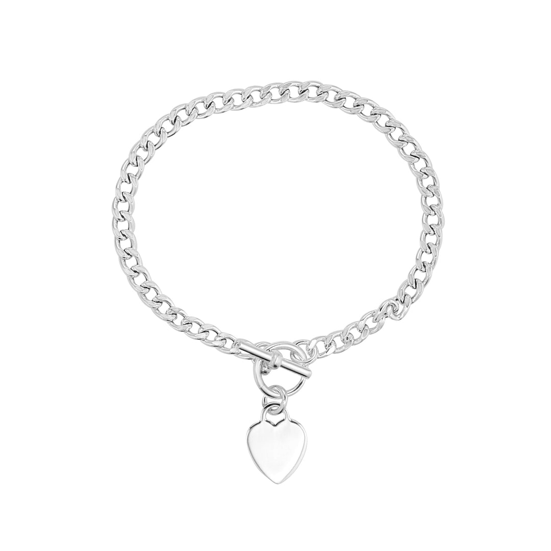 silver heart t bar bracelet on white background