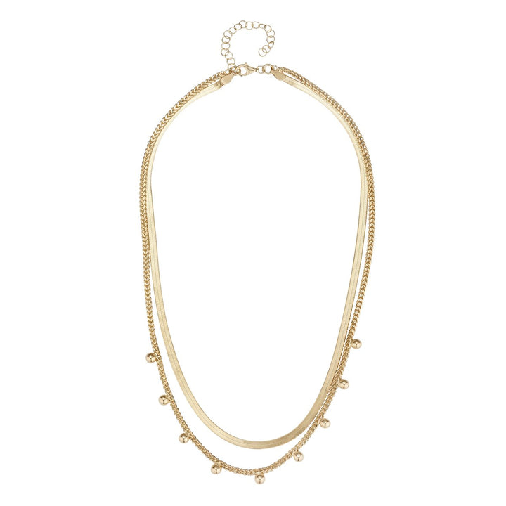 gold snake & herringbone double layered chain necklace on white background