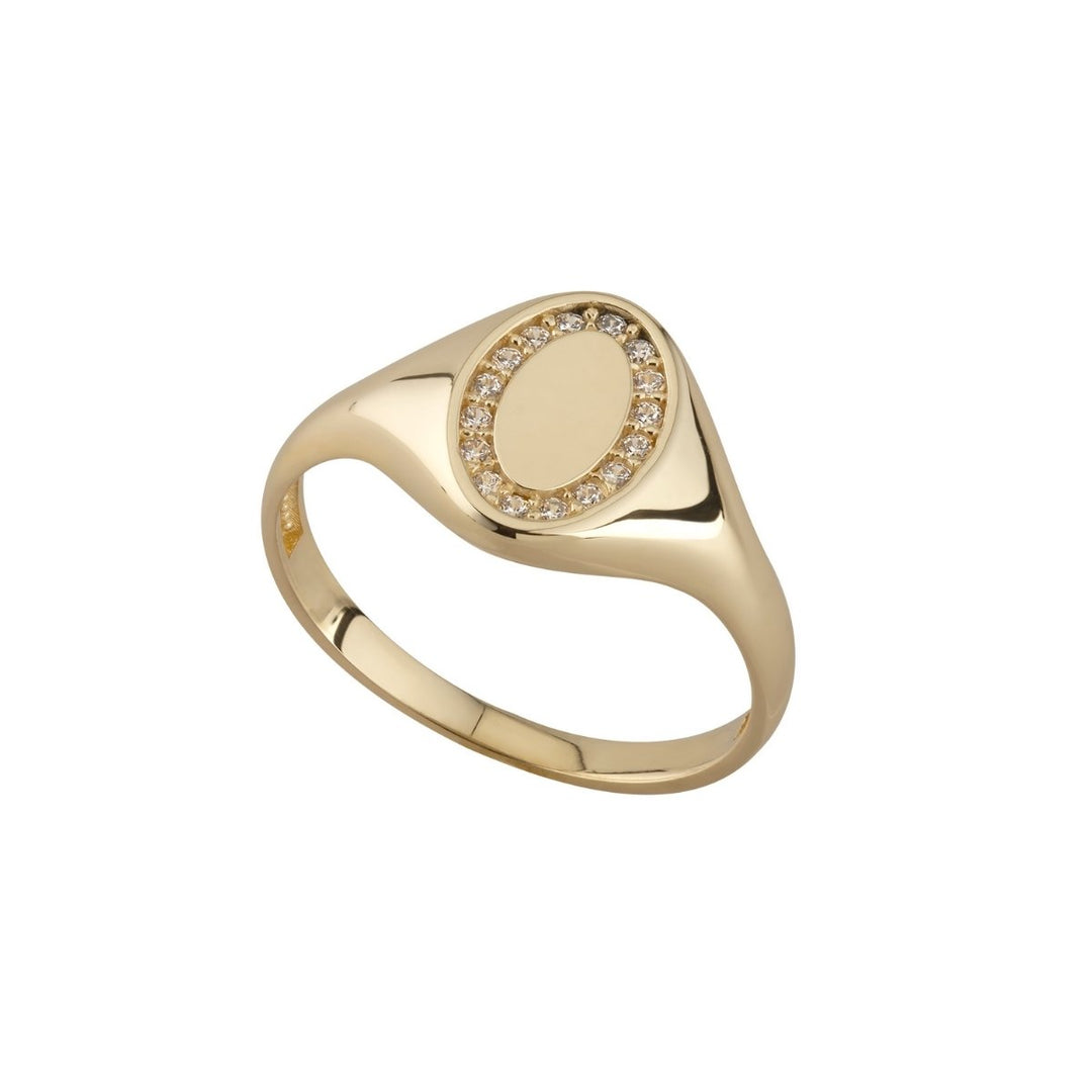 9ct gold cubic zirconia set oval signet ring on white background