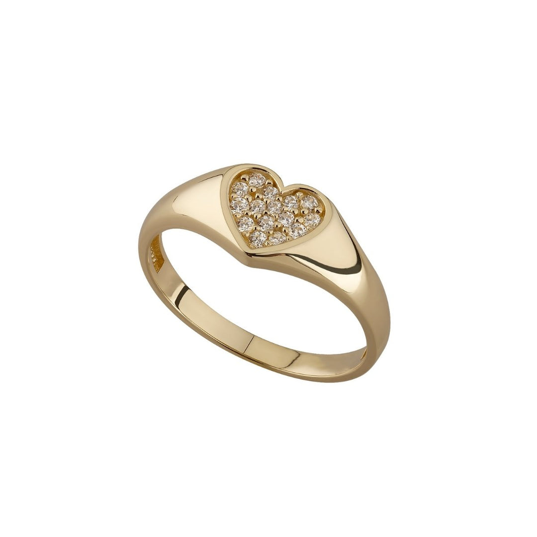9ct gold cubic zirconia encrusted heart signet ring on white background