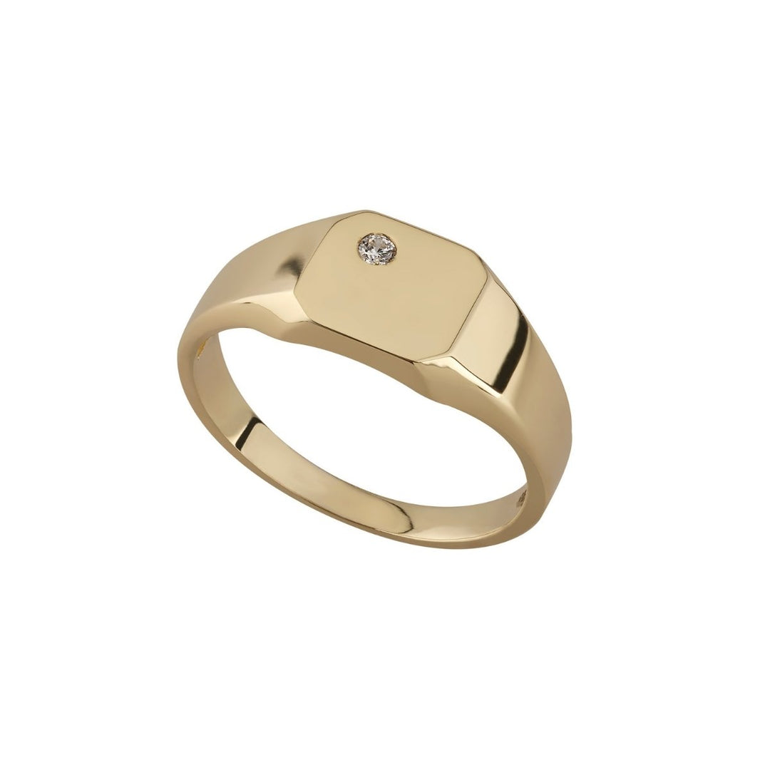 9ct gold square cubic zirconia set signet ring on white background