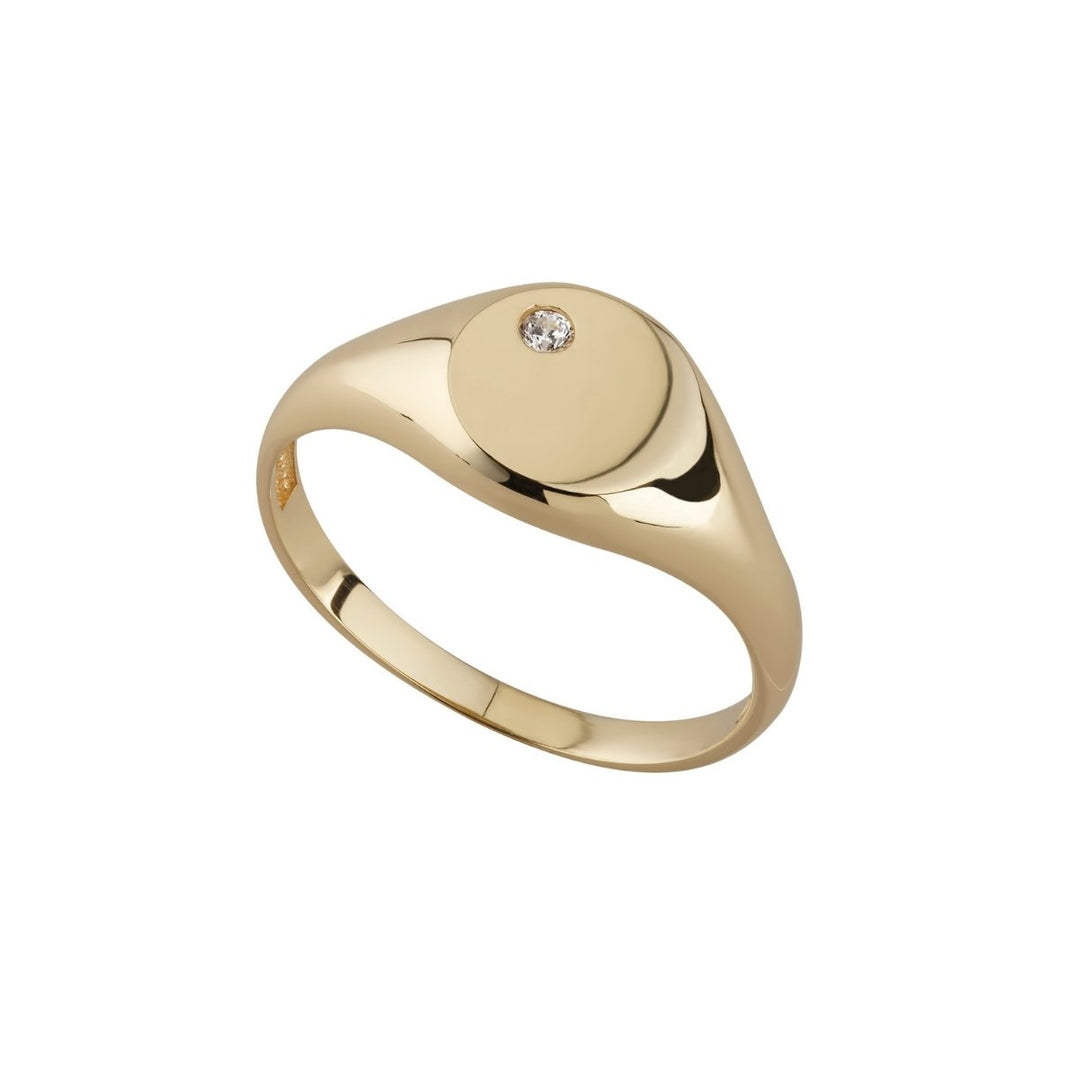 9ct gold round cubic zirconia set signet ring on white background