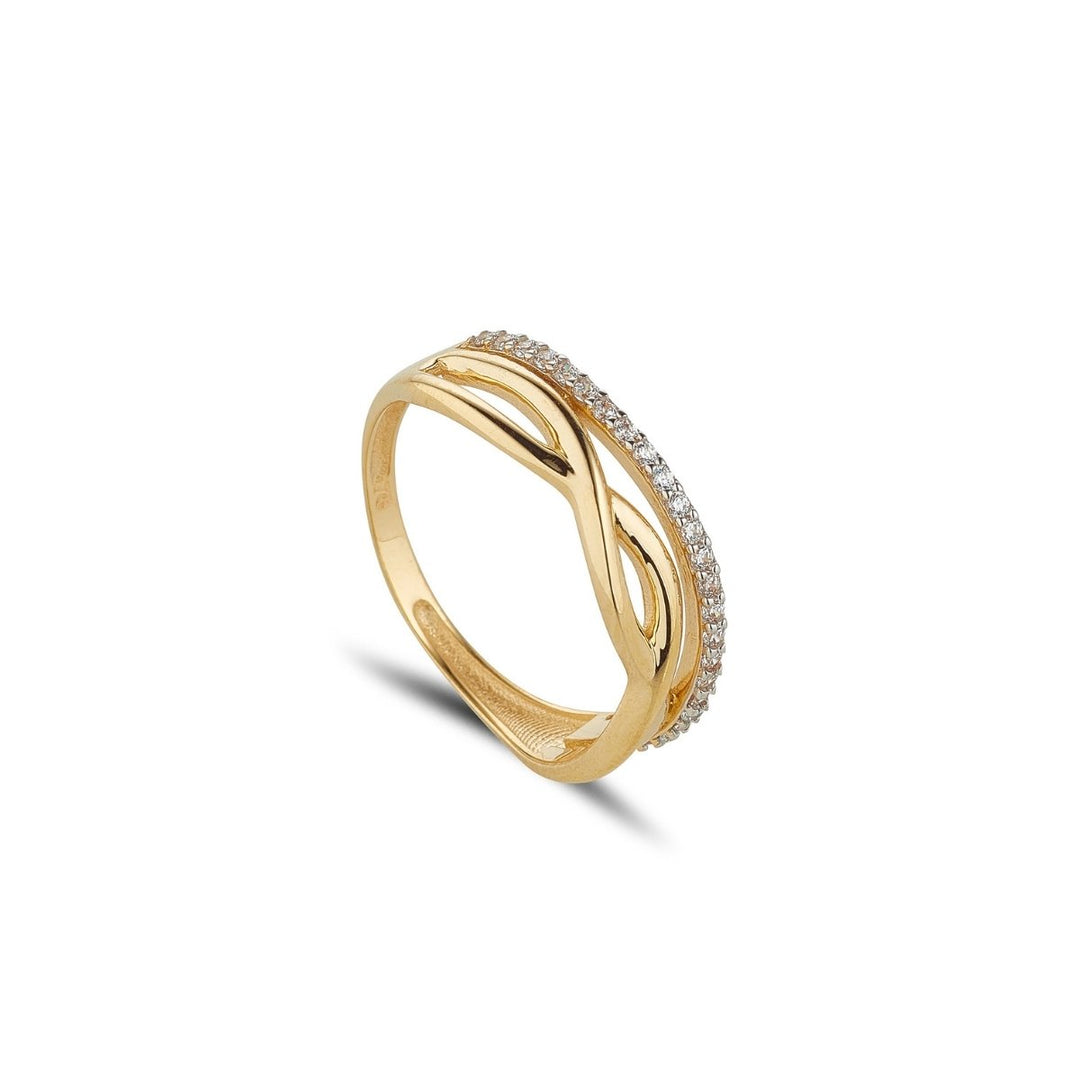 9ct gold infinity & cubic zirconia lined band on white background
