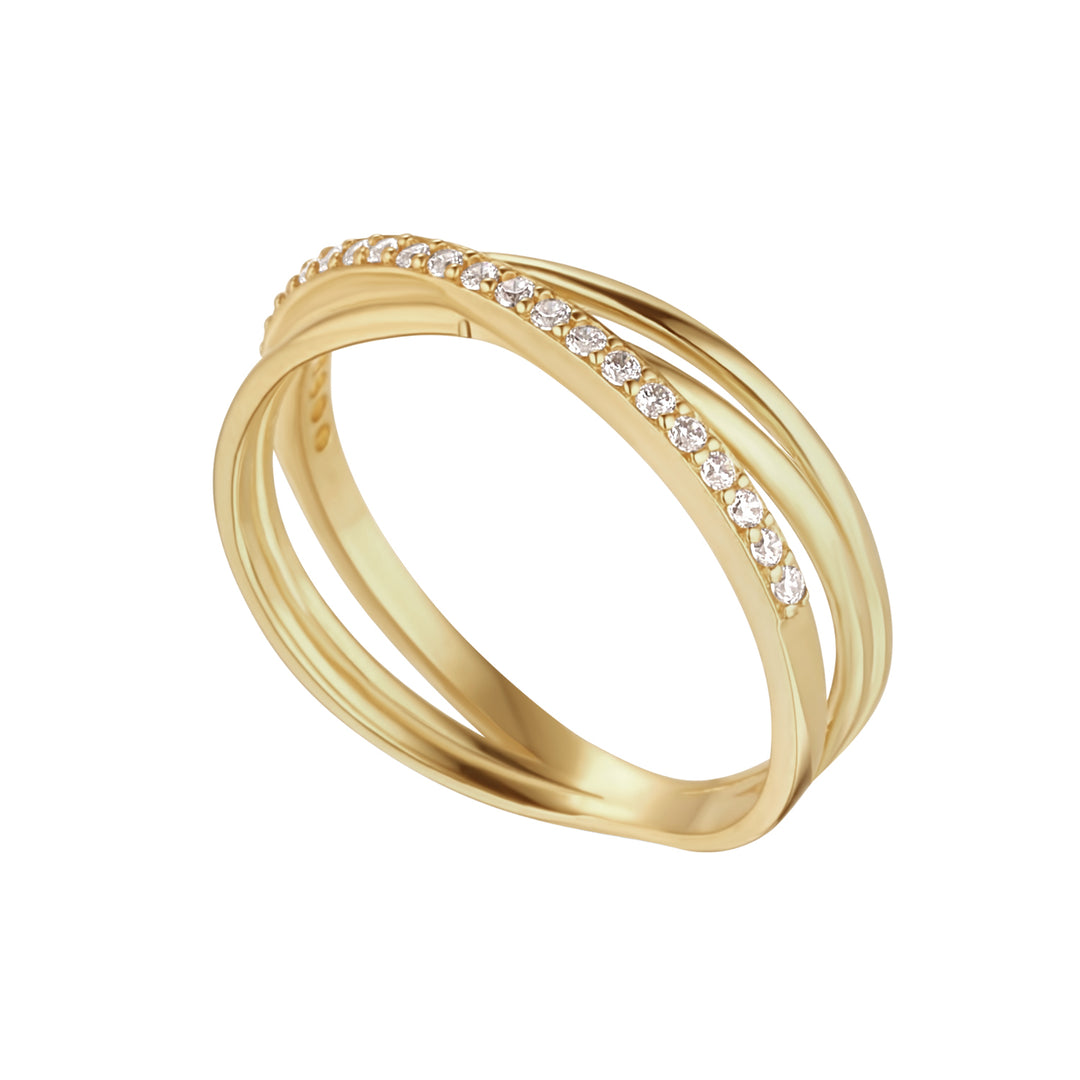 9ct gold cubic zirconia set multi row crossover band on white background