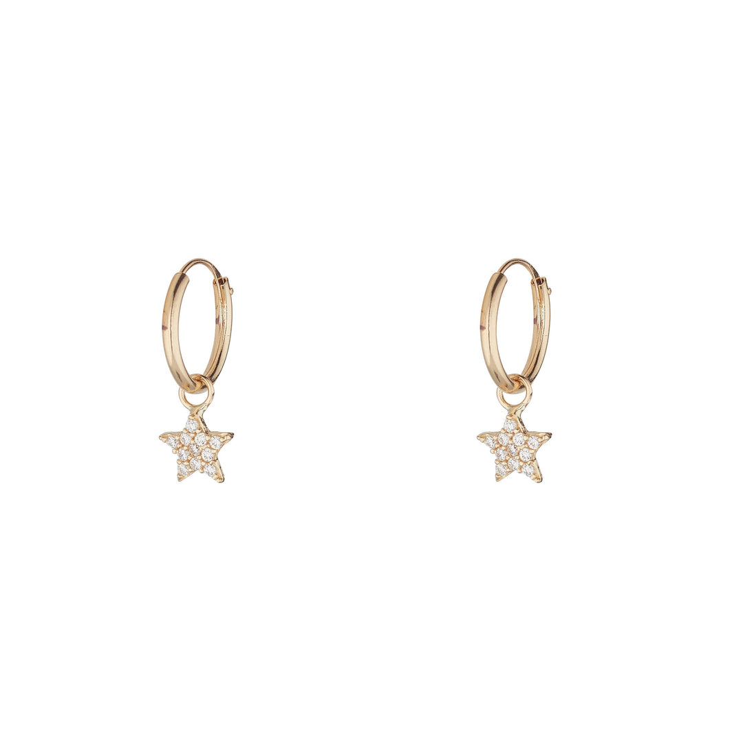 9ct gold hoop earrings with cz encrusted star drop on white background
