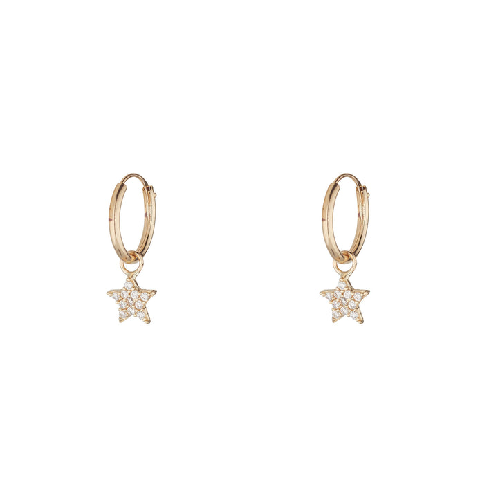9ct gold hoop earrings with cz encrusted star drop on white background