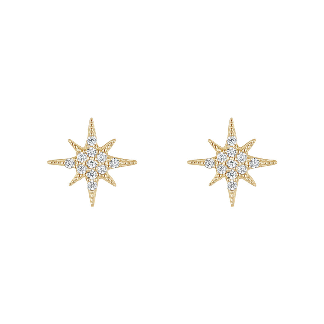 9ct gold north star stud earrings on white background
