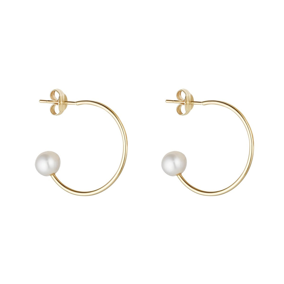 9ct gold hoop earrings with pearl tip on white background