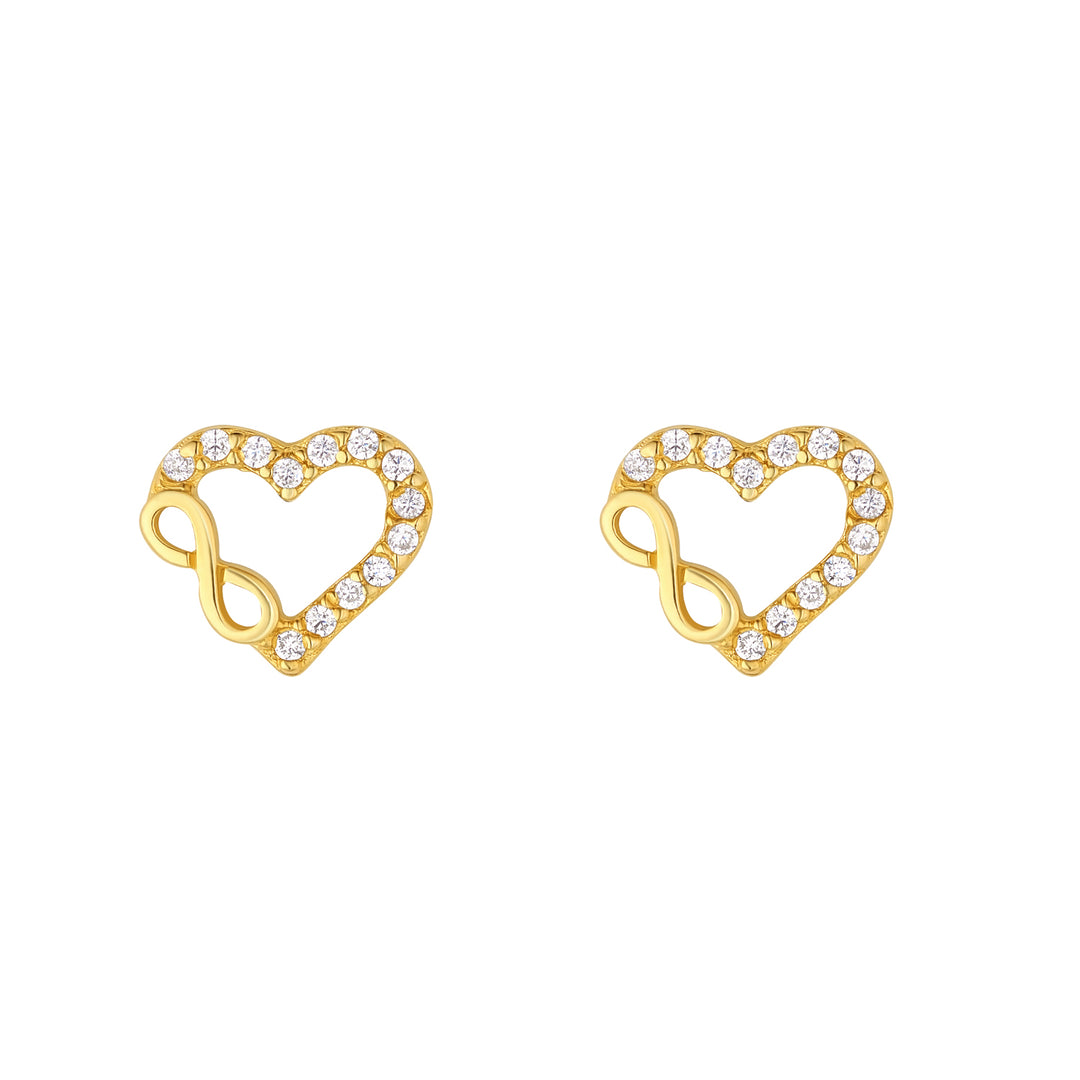 9ct gold cubic zirconia infinity heart stud earrings on white background