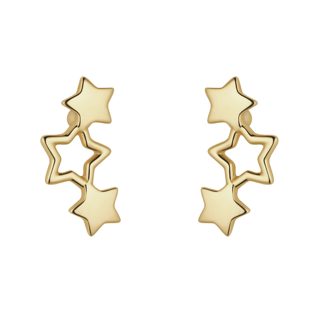 9ct gold triple star climber earrings on white background
