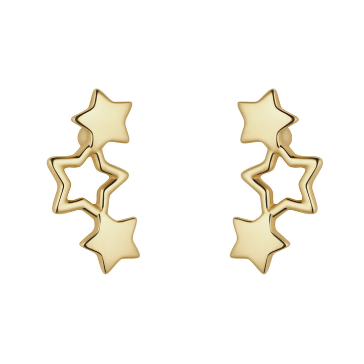 9ct gold triple star climber earrings on white background