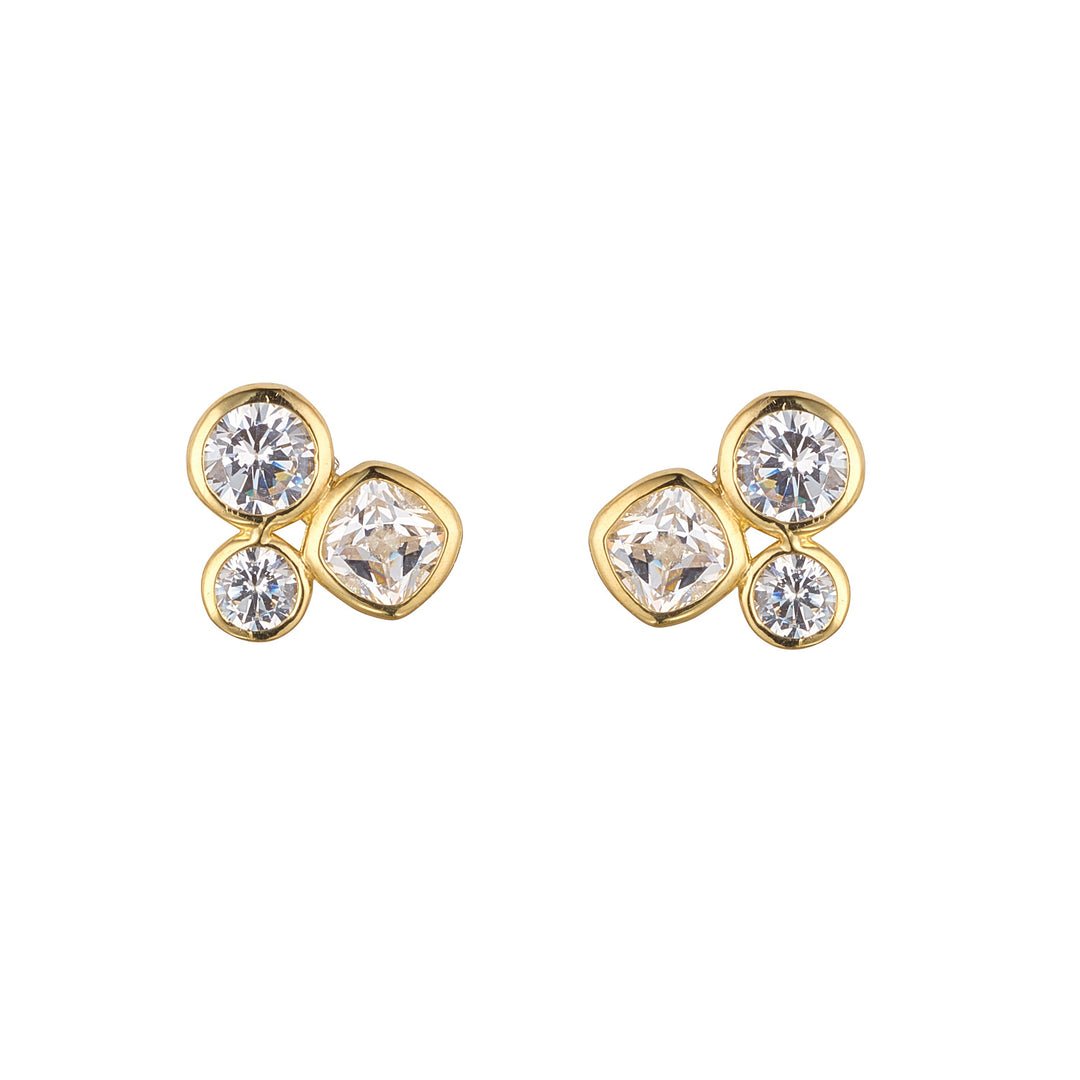 9ct gold 3 rubover cubic zirconia cluster stud earrings on white background