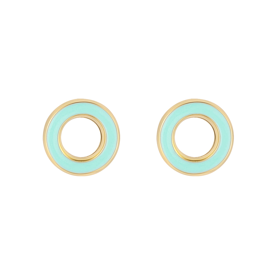 Gold Tiff Blue Enamel Open Circle Stud Earrings