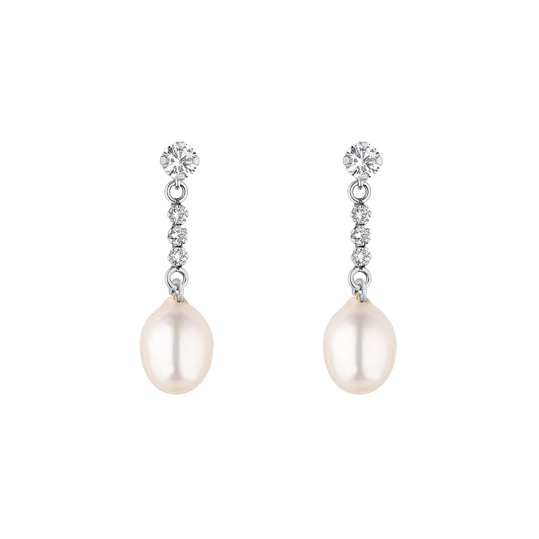 white gold cubic zirconia pearl drop earrings on white background