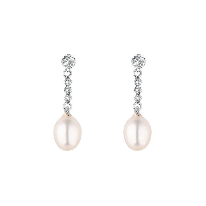 white gold cubic zirconia pearl drop earrings on white background
