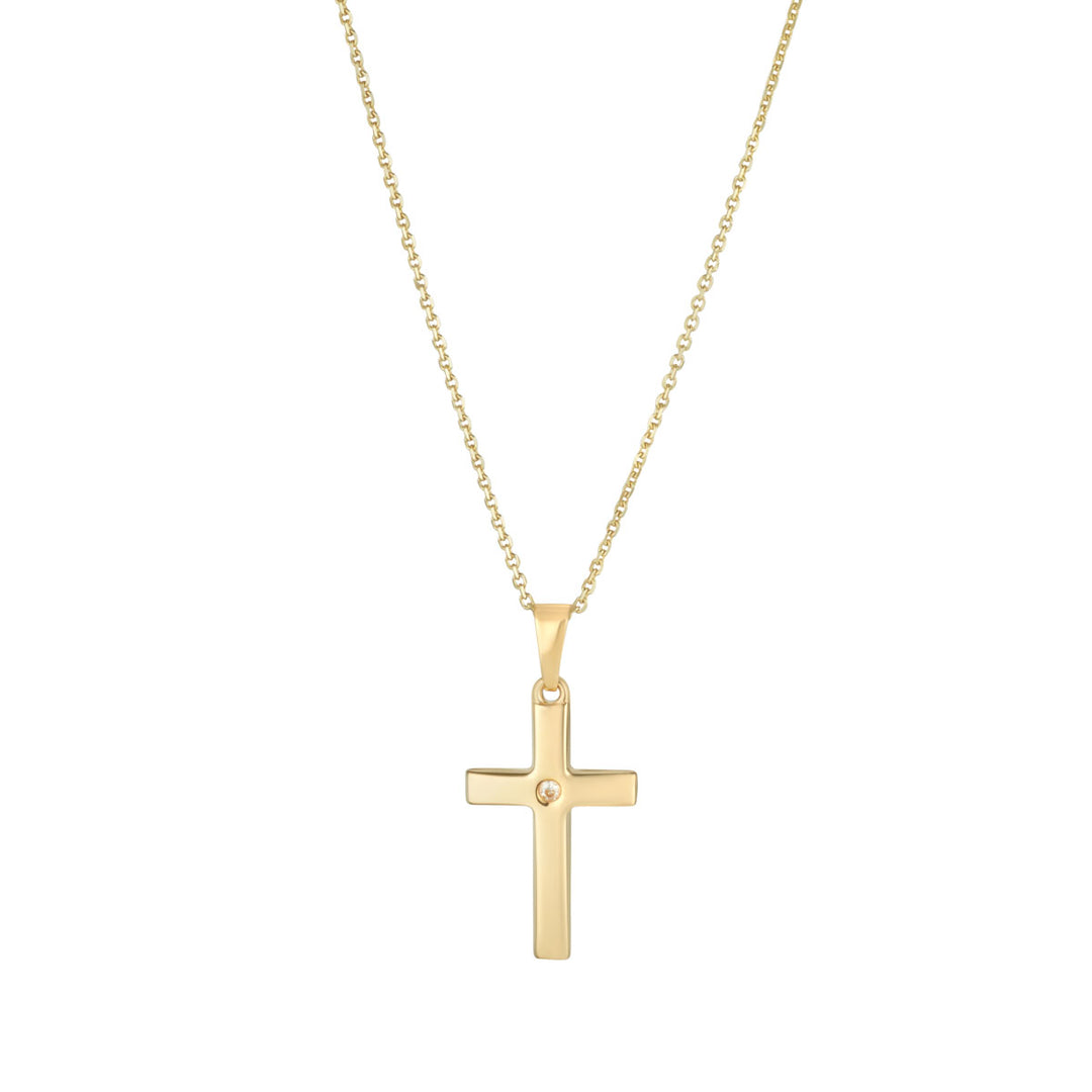 9ct gold cross with cz centre pendant on white background