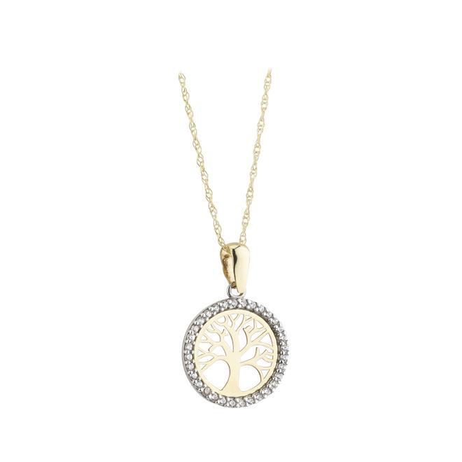 9ct gold cz circle tree of life pendant on white background