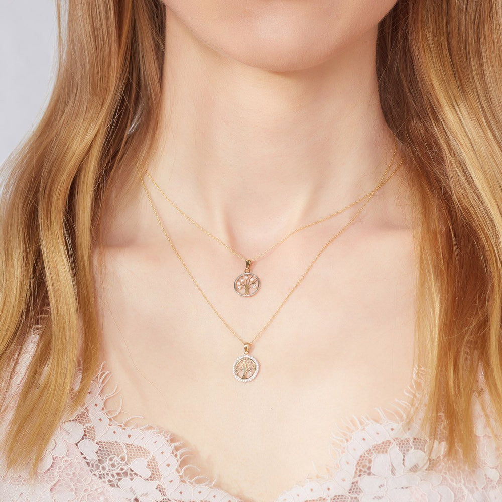 9ct gold tree of life necklace on model