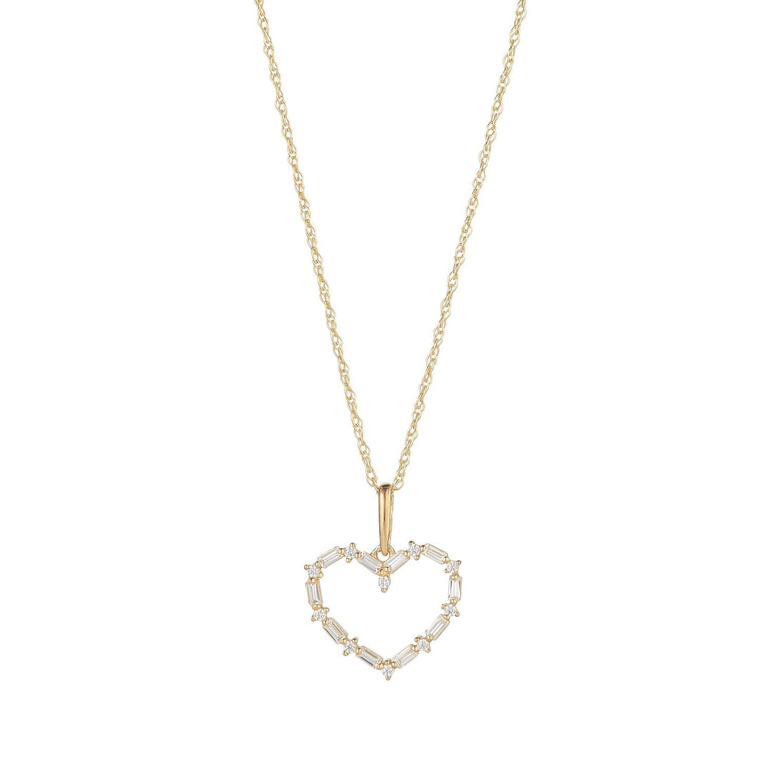 9ct gold baguette set heart pendant on white background