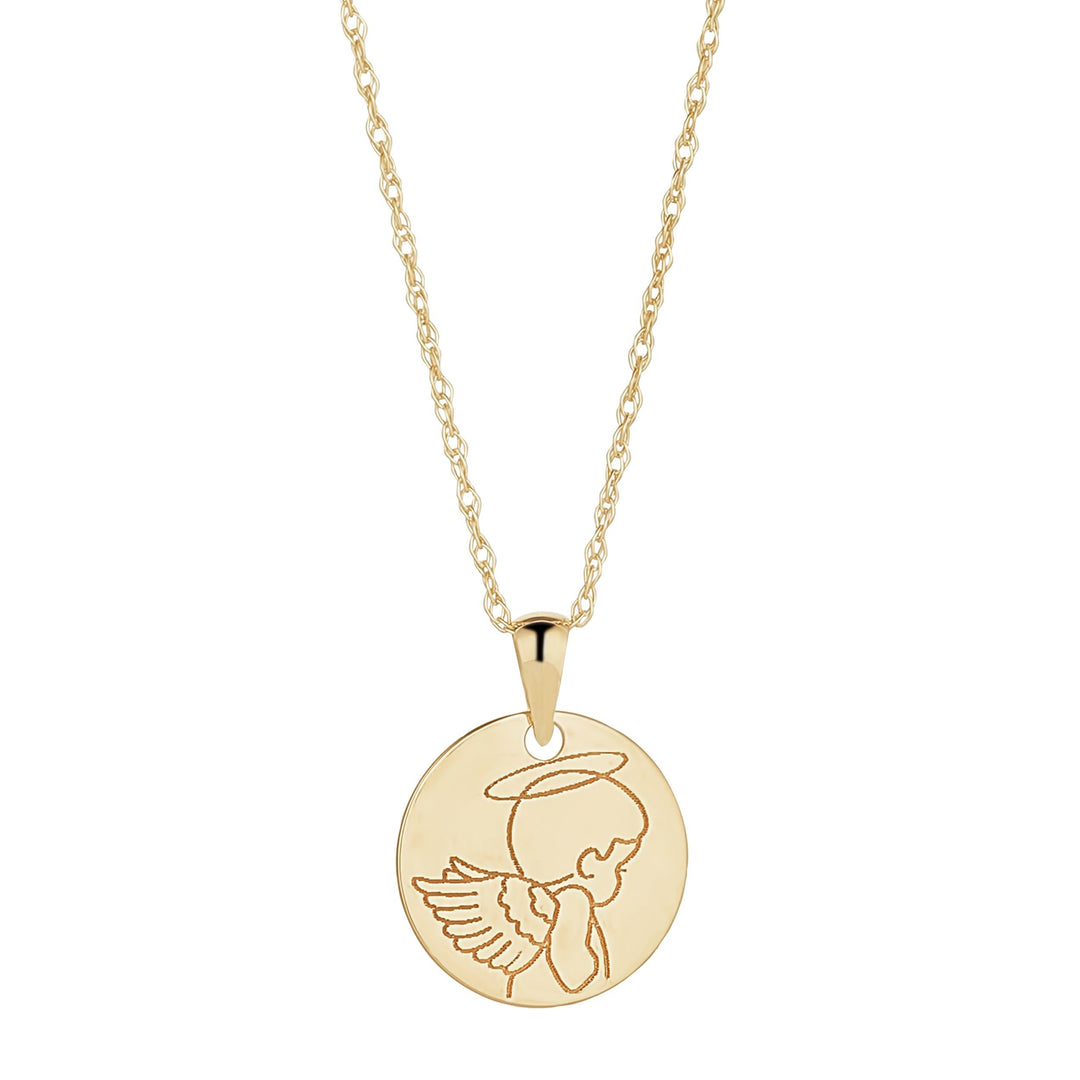 9ct gold angel disc pendant on white background