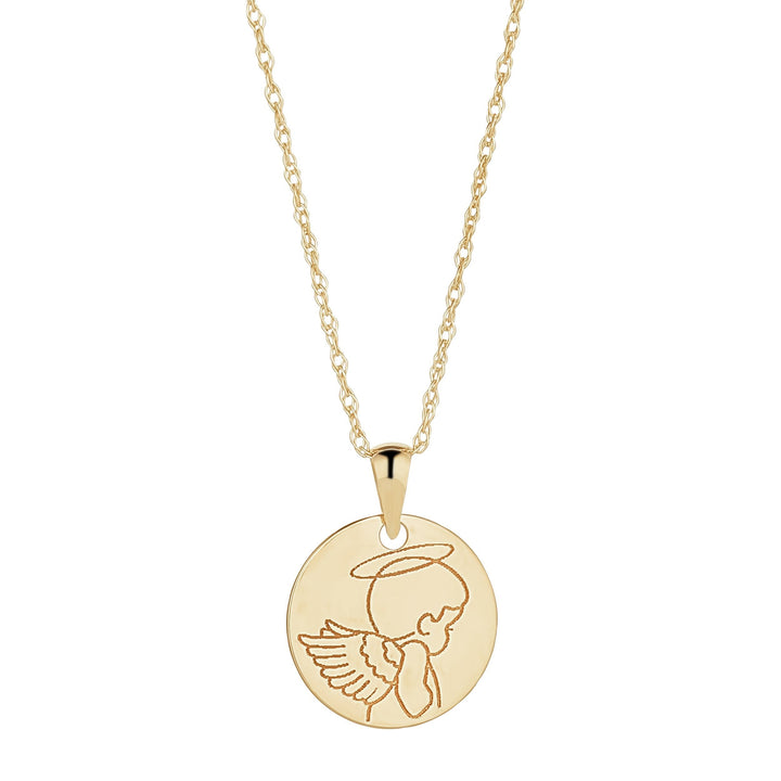 9ct gold angel disc pendant on white background