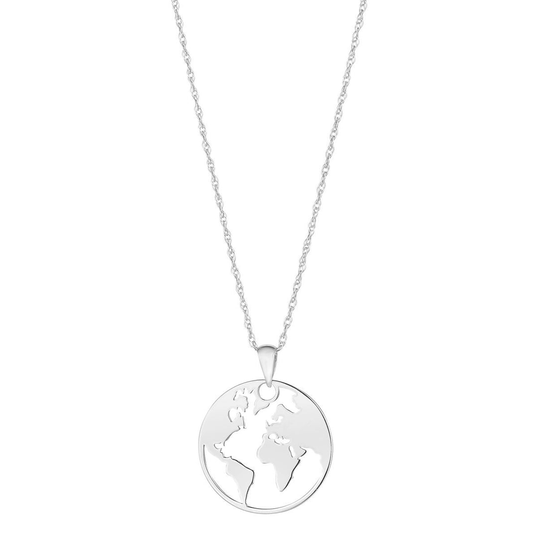 white gold map of the world pendant on white background