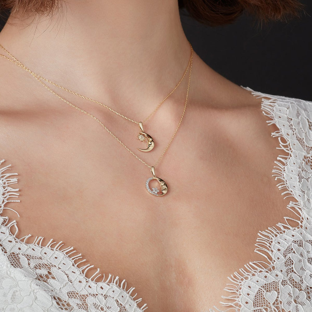 9ct gold moon necklace on model