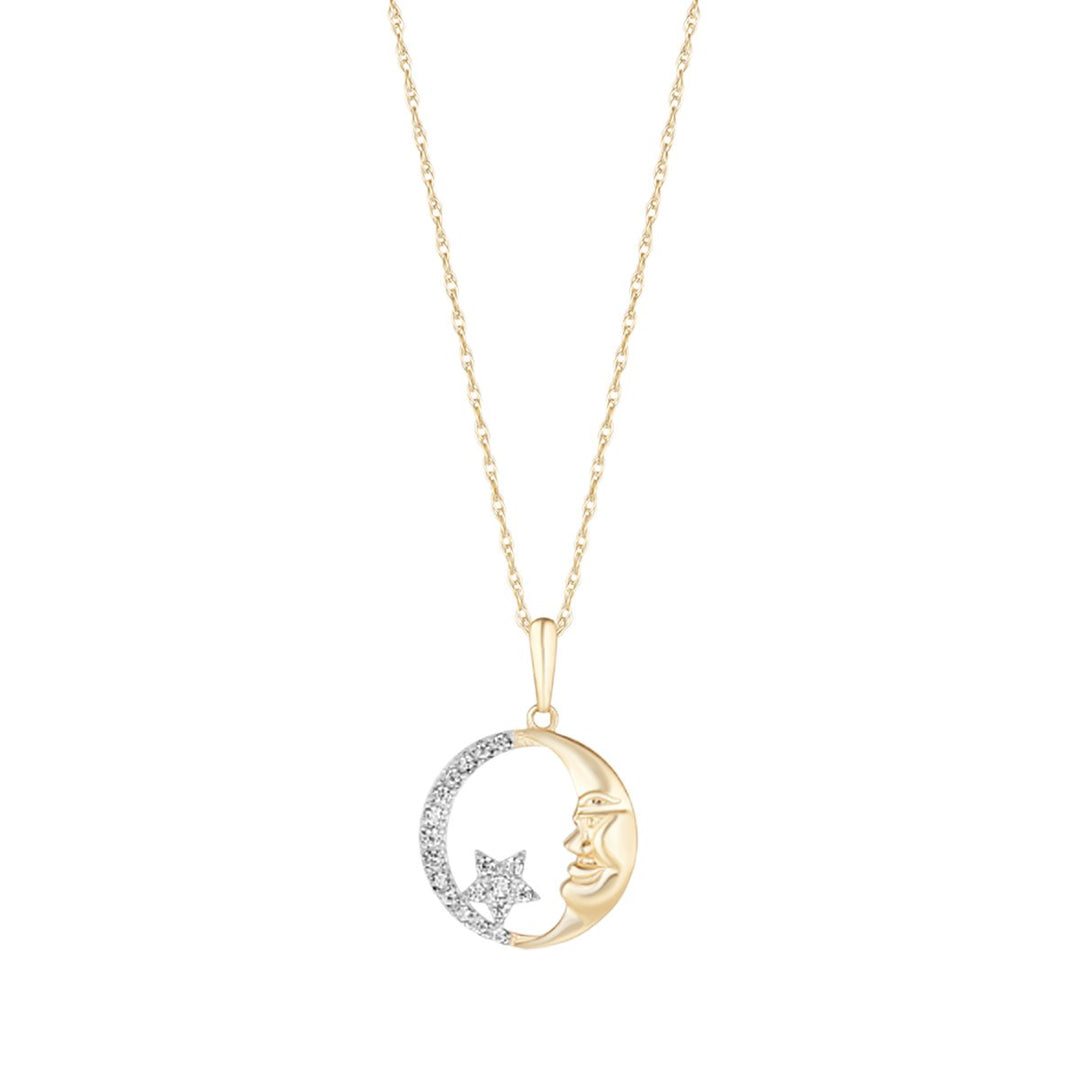 9ct gold moon man & star on cz circle pendant on white background
