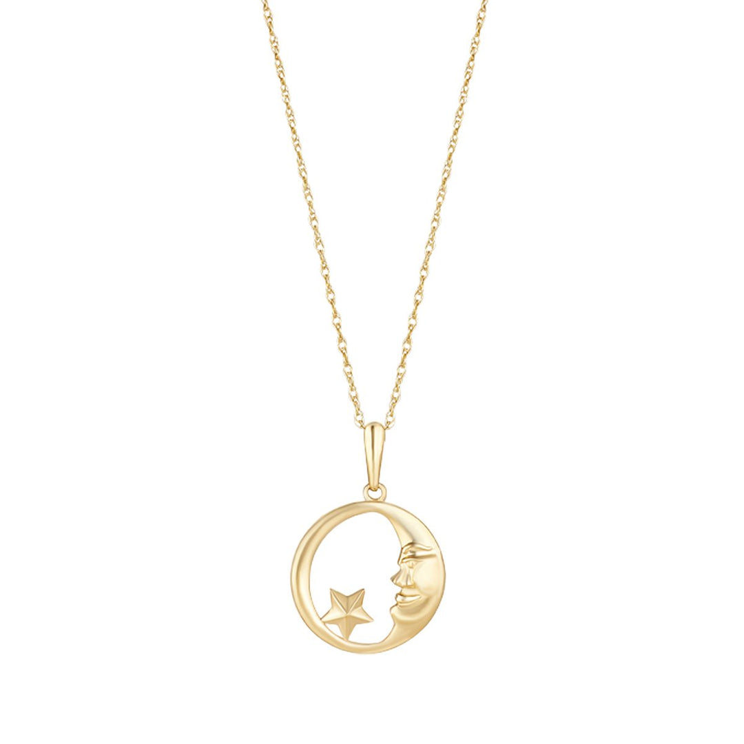 9ct gold moon man & star in circle pendant on white background