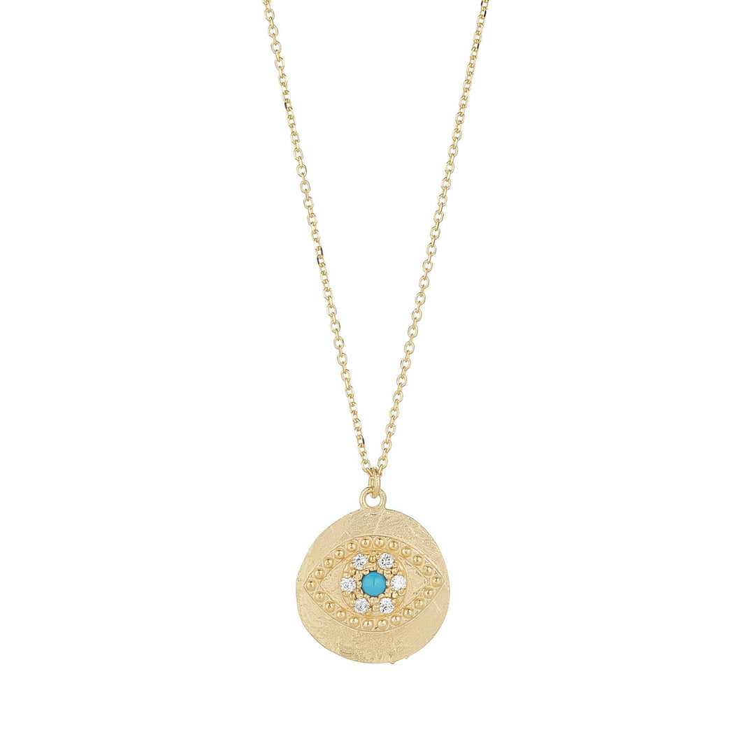 9ct gold turquoise & cz evil eye pendant on white background