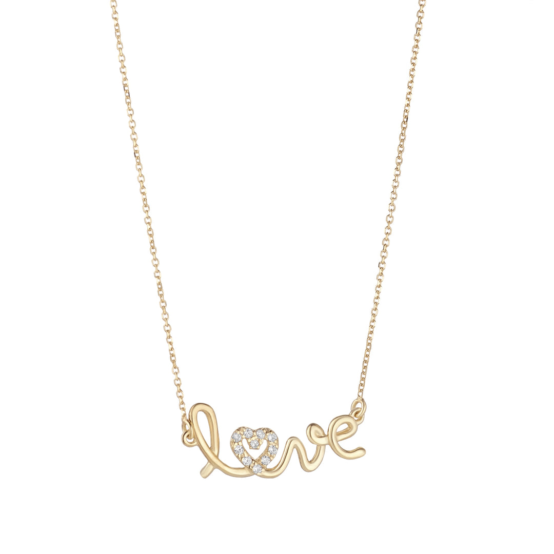 9ct gold & cz love necklace on white background