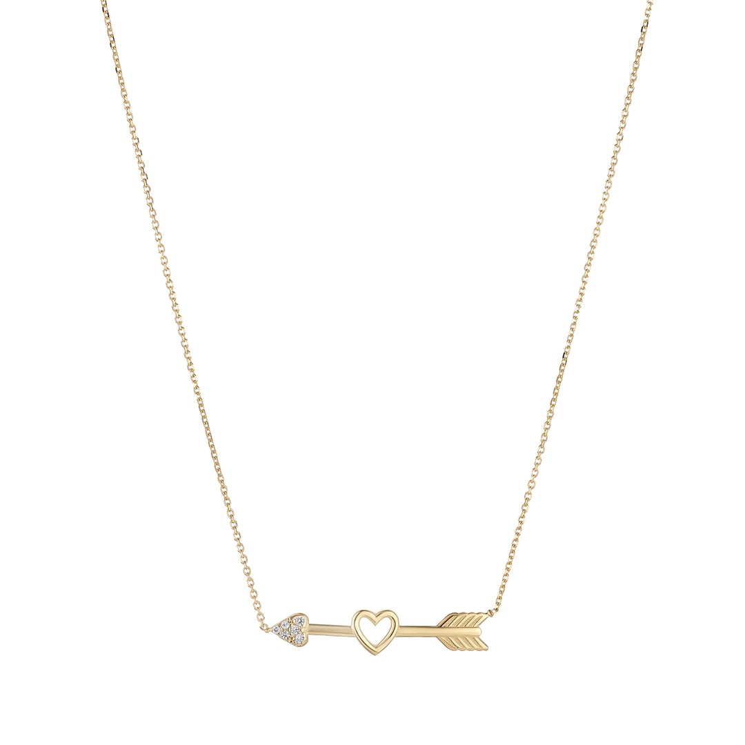 9ct gold heart arrow necklace on white background