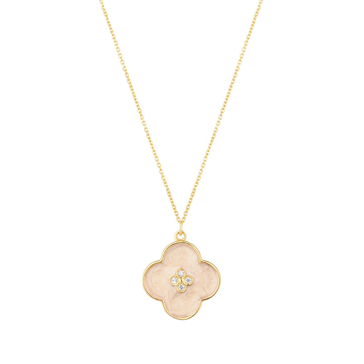 Gold Mother of Pearl Enamel Flower Cubic Zirconia Centre Necklace